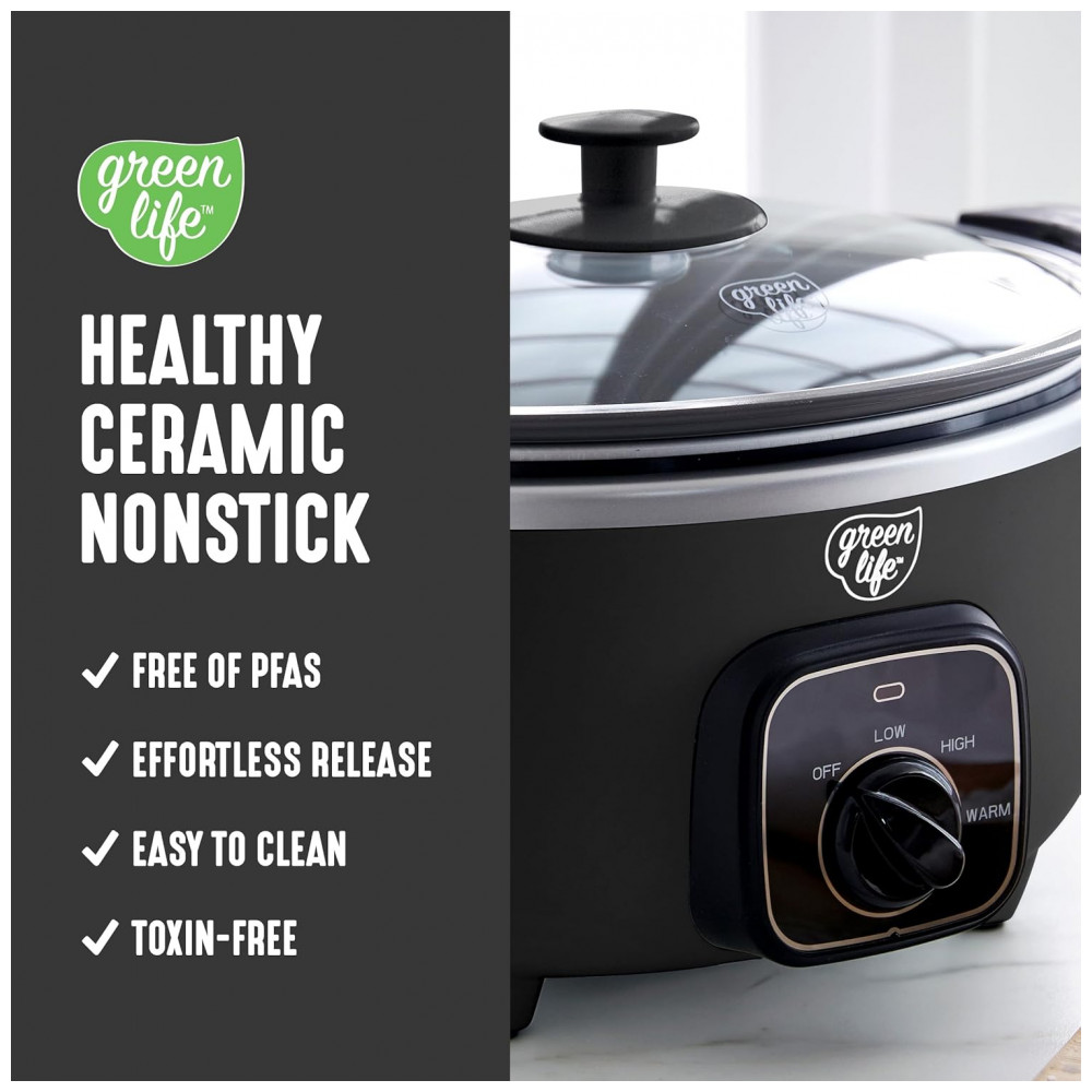 ECTQLW2HM5VD0B_1-1.jpg - Panela de Cozimento Lento GreenLife 3,31 Litros, Revestimento Cerâmico Antiaderente Livre de PFAS, Programável, Mantém a Temperatura,