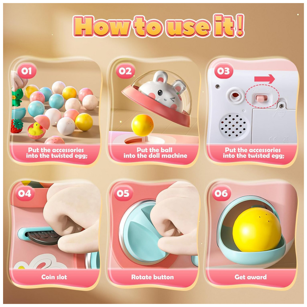 ECTQM7HLF7QD0B_1-1.jpg - Máquina de Garra Rosa Skirfy – Mini Arcade Infantil com 20 Prêmios, 24 Moedas, Luzes LED e Som