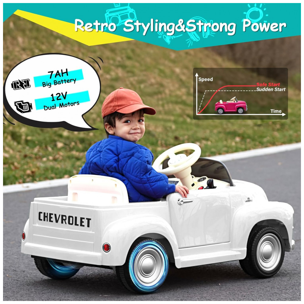 ECTQMJRWJH2C0B_1-1.jpg - Carro Elétrico Infantil Chevrolet 3100 Pickup Licenciado Joywhale 12V, 1 Lugar, 2 Motores, Controle Remoto, 3 Velocidades, Retrô, Branco
