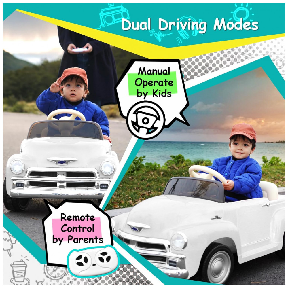 ECTQMJRWJH2C0B_2-1.jpg - Carro Elétrico Infantil Chevrolet 3100 Pickup Licenciado Joywhale 12V, 1 Lugar, 2 Motores, Controle Remoto, 3 Velocidades, Retrô, Branco