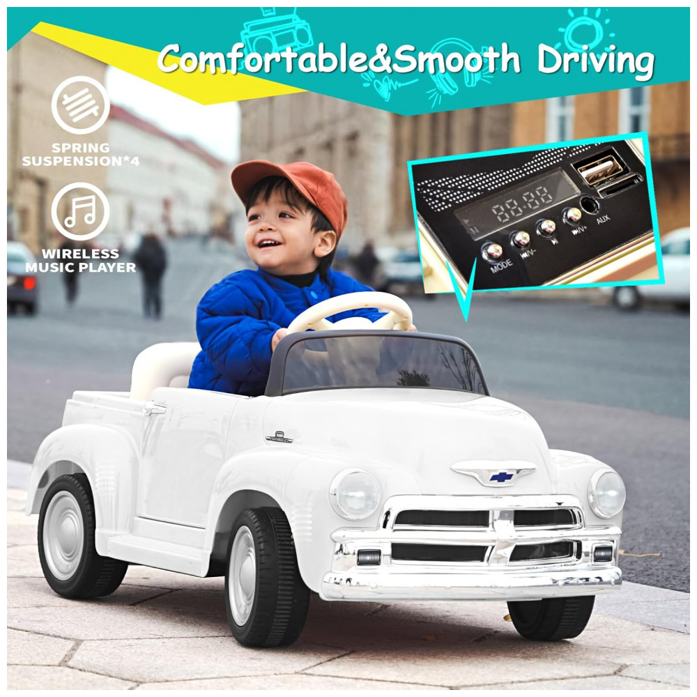 ECTQMJRWJH2C0B_3-1.jpg - Carro Elétrico Infantil Chevrolet 3100 Pickup Licenciado Joywhale 12V, 1 Lugar, 2 Motores, Controle Remoto, 3 Velocidades, Retrô, Branco