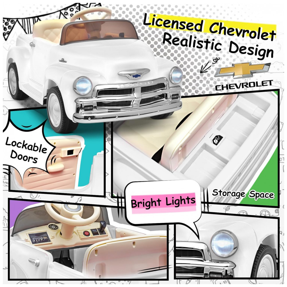 ECTQMJRWJH2C0B_4-1.jpg - Carro Elétrico Infantil Chevrolet 3100 Pickup Licenciado Joywhale 12V, 1 Lugar, 2 Motores, Controle Remoto, 3 Velocidades, Retrô, Branco