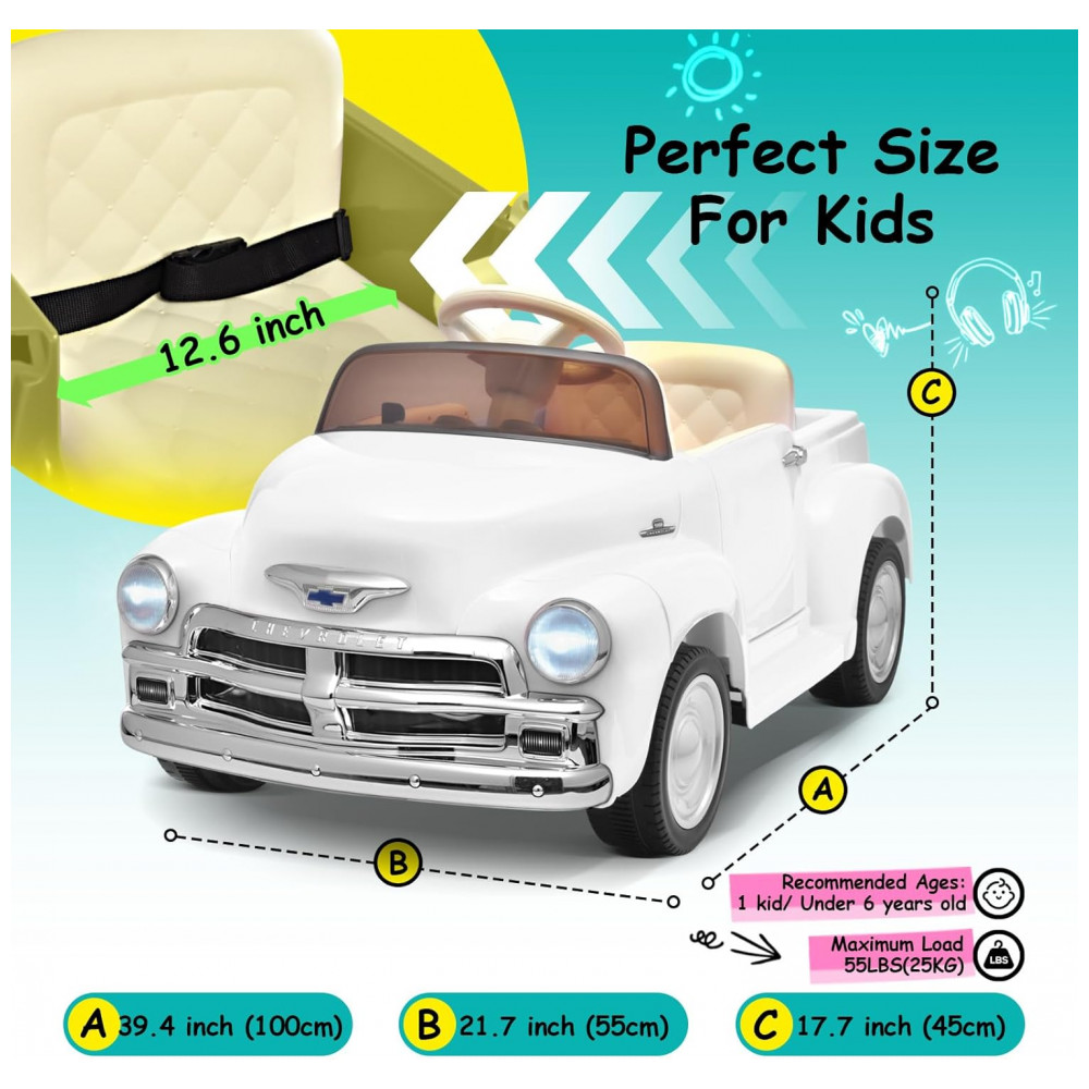 ECTQMJRWJH2C0B_5-1.jpg - Carro Elétrico Infantil Chevrolet 3100 Pickup Licenciado Joywhale 12V, 1 Lugar, 2 Motores, Controle Remoto, 3 Velocidades, Retrô, Branco