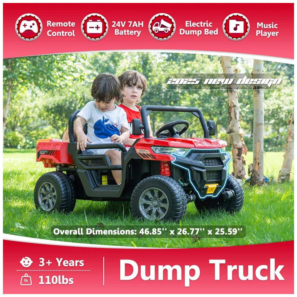 ECTQMK4GTXKD0B_1-1.jpg - Caminhão Basculante Infantil Elétrico Sopbost Vermelho 24V 2 Lugares 4 Motores 75W Caçamba Automática 4WD Pneus EVA Controle Bluetooth