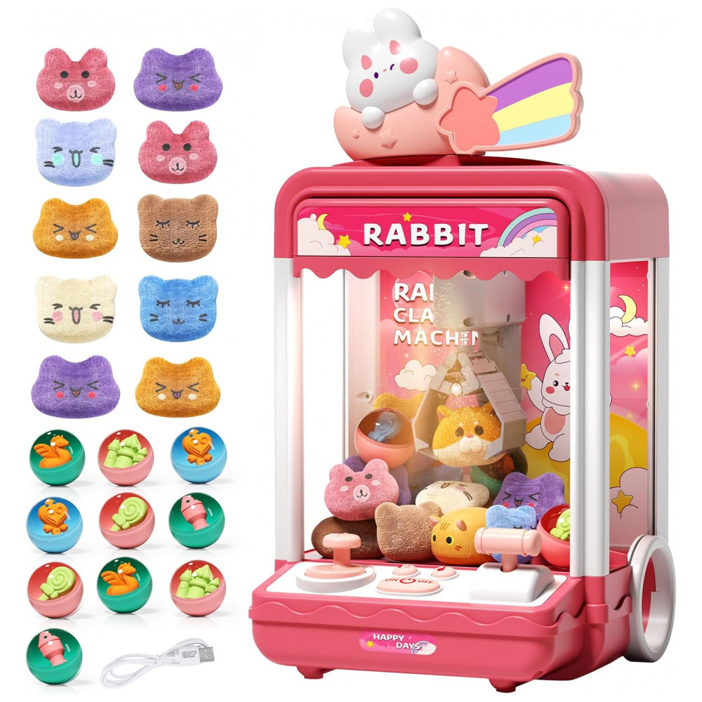 ECTQMM98QGDC0B_0-1.jpg - Máquina de Garra Infantil Aiqi Rainbow Rabbit Rosa com Luz e Som, Mini Vending Machine, Inclui 10 Pelúcias e 10 Brinquedos, 32 cm