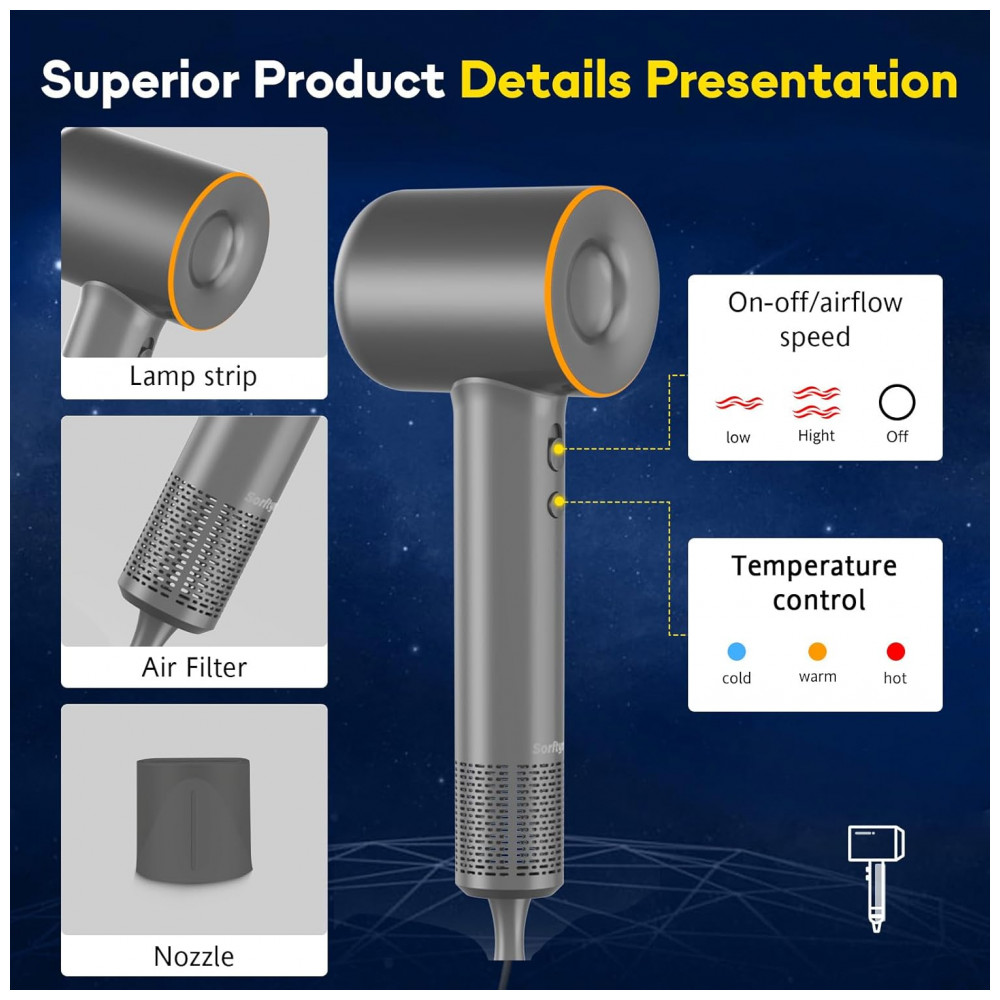 ECTQMN6MWBDD0B_4-1.jpg - Secador de Cabelo de Alta Velocidade Profissional Ionic com Motor sem Escova de 150.000 RPM 1600W Secagem Rápida Secador de Cabelo Iônico Negativo Lev
