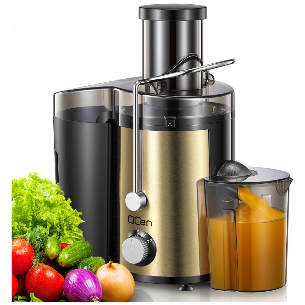 Extrator de Suco Centrífugo QCen, 800W com Boca Larga de 3 Entradas para Frutas e Vegetais, Fácil de Limpar, Aço Inoxidável, Livre de BPA Ouro 800W