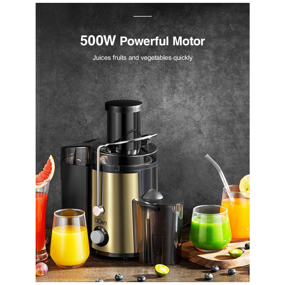 Extrator de Suco Centrífugo QCen, 800W com Boca Larga de 3 Entradas para Frutas e Vegetais, Fácil de Limpar, Aço Inoxidável, Livre de BPA Ouro 800W - Imagem 5