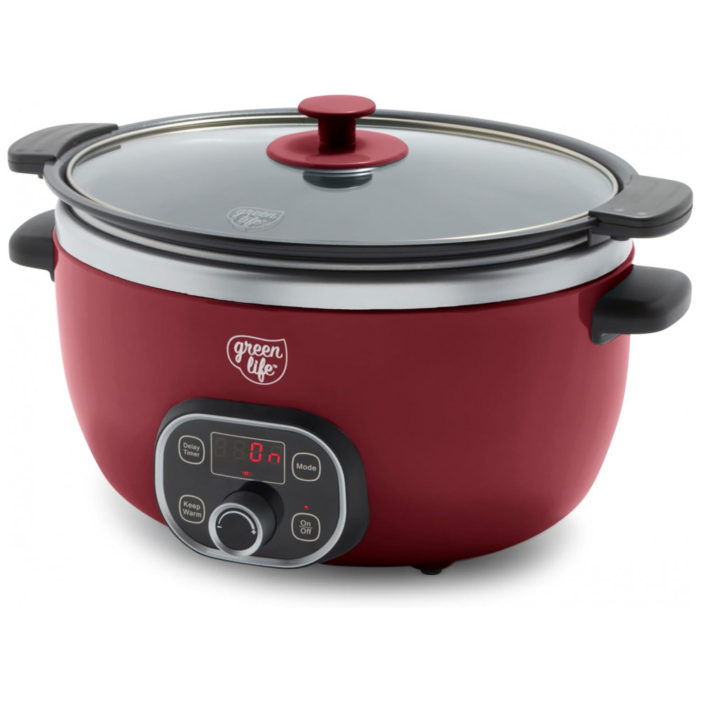 ECTQNDHP142D0B_0-1.jpg - Panela de Cozimento Lento GreenLife 5,68 litros Vermelha, Revestimento Interno Removível de Cerâmica Antiaderente sem PFAS, Programável, Seguro para Famílias,