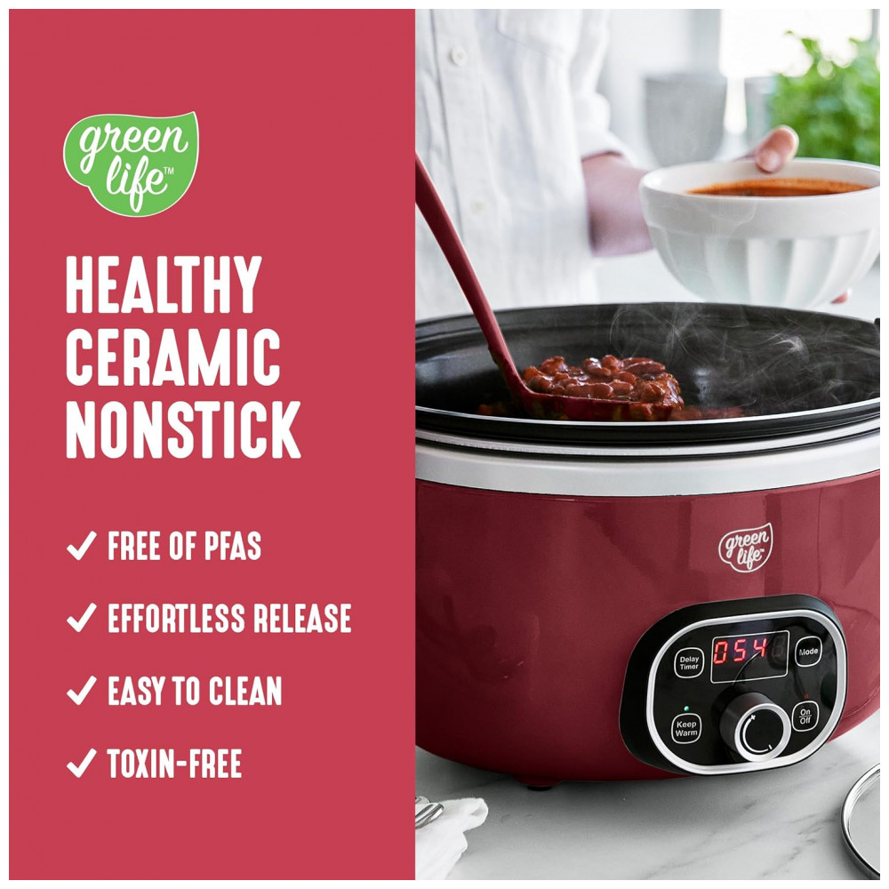 ECTQNDHP142D0B_1-1.jpg - Panela de Cozimento Lento GreenLife 5,68 litros Vermelha, Revestimento Interno Removível de Cerâmica Antiaderente sem PFAS, Programável, Seguro para Famílias,