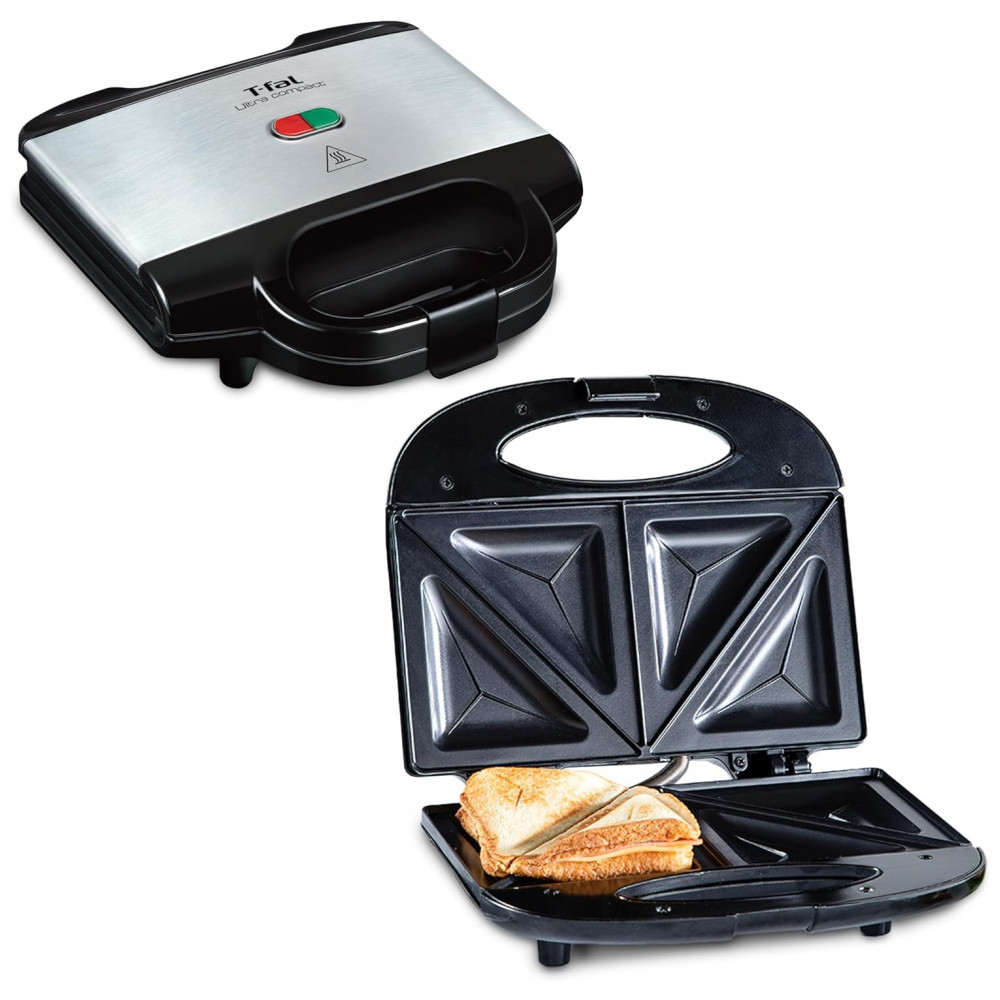 ECTQNDKCRTMD0B_0-1.jpg - T-Fal Compact Sandwich Maker em Aço Inoxidável, Fácil de Limpar, Luzes Indicadoras, Alça de Toque Frio, Grelhados de Queijo, Panini, 625 Watts, Grill