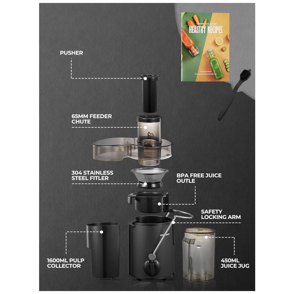 Extrator de Suco HOUSNAT para Frutas e Vegetais Inteiros com 3 Velocidades, Motor de 400 W Versão Atualizada para Sucos Rápidos, Escova de Limpeza e R - Imagem 6