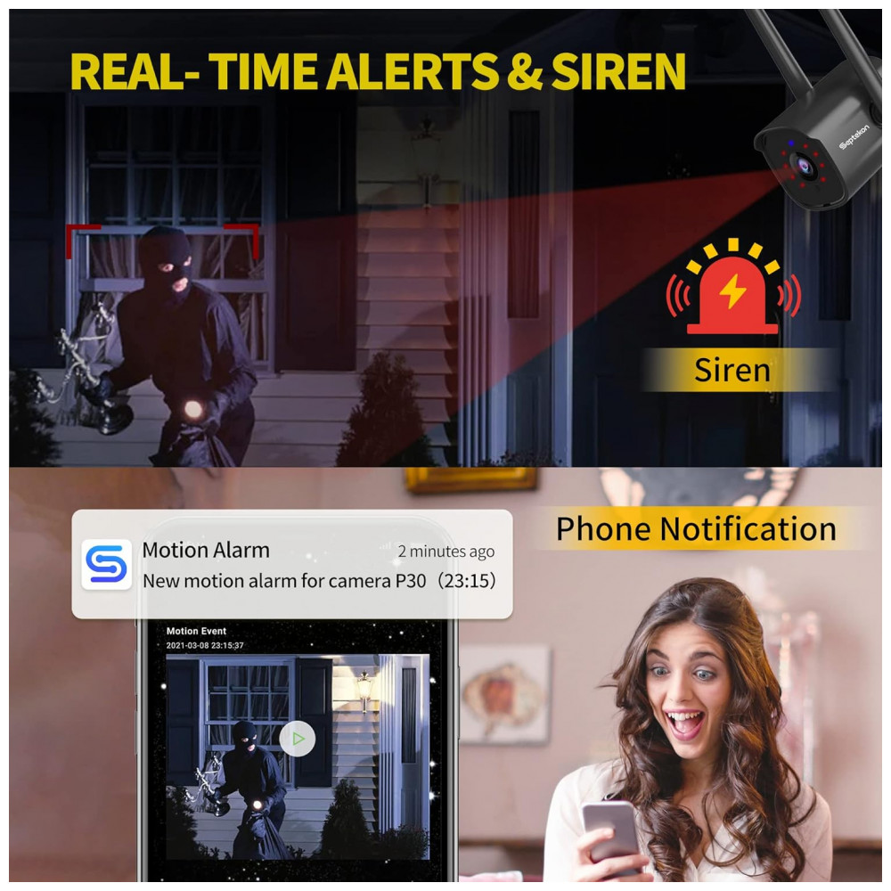 ECTQNL3Z747B0B_1-1.jpg - Câmera de Segurança com Fio 2.4G WIFI 2K com Detecção de Movimento e Visão Noturna 2 UN Septekon Preta