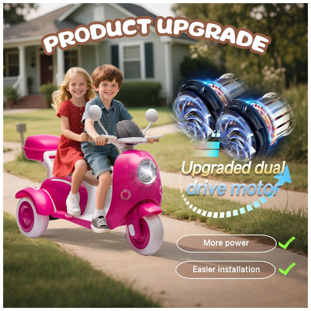 ECTQNNQ2NMRF0B_1-1.jpg - Moto Elétrica Infantil NEWDOOD 12V Rosa 2 Lugares 3 Rodas Bluetooth USB Baú Lento Start Estabilidade