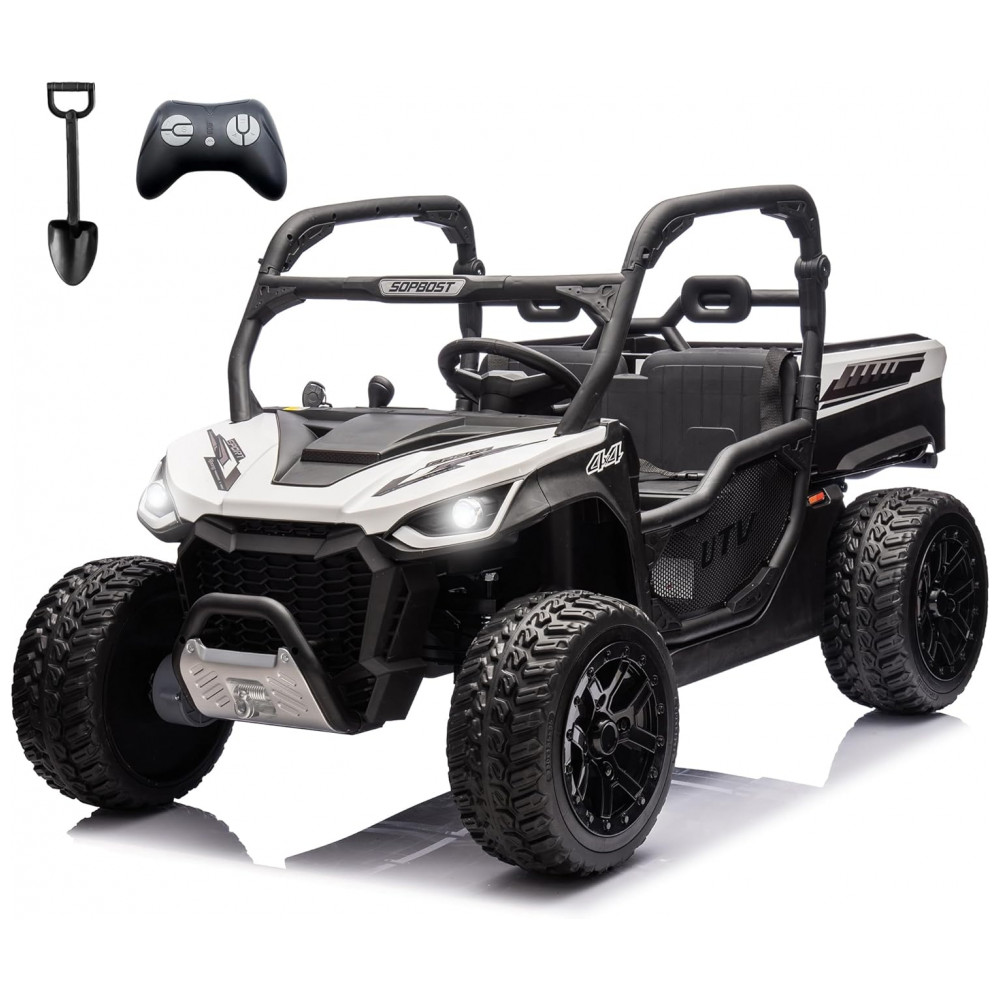 ECTQNPCXWTCB0B_0-1.jpg - UTV Infantil Elétrico Sopbost Branco e Preto 24V 2 Lugares 4 Motores 75W Caçamba Grande Automática 4WD Pneus EVA Controle Bluetooth 10Ah