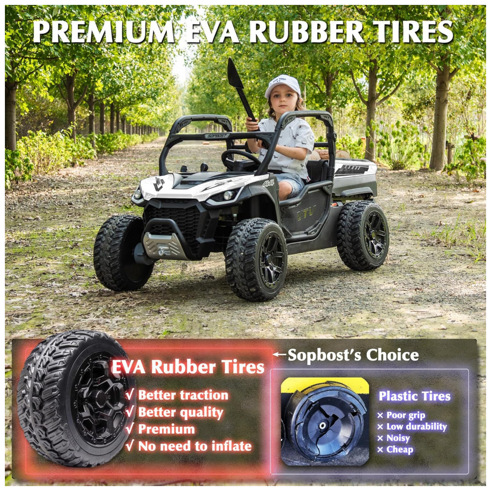 ECTQNPCXWTCB0B_1-1.jpg - UTV Infantil Elétrico Sopbost Branco e Preto 24V 2 Lugares 4 Motores 75W Caçamba Grande Automática 4WD Pneus EVA Controle Bluetooth 10Ah