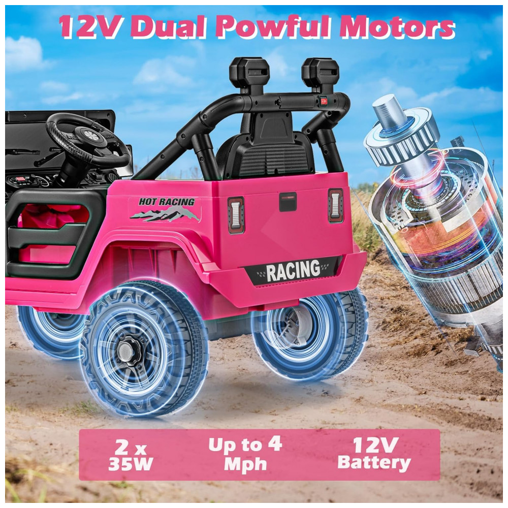 ECTQNQCDQ7DD0B_1-1.jpg - Carro Elétrico Infantil OLAKIDS Rosa 12V Controle Remoto Jeep LED Bluetooth 2 Velocidades Suspensão Música USB MP3 3-8 Anos