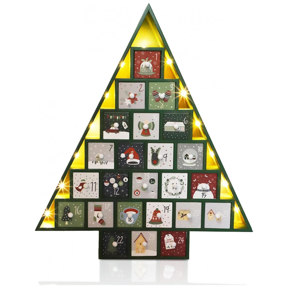 Calendário do Advento MorTime LED com 24 Gavetas Decoradas, Contagem Regressiva para o Natal em Madeira Verde