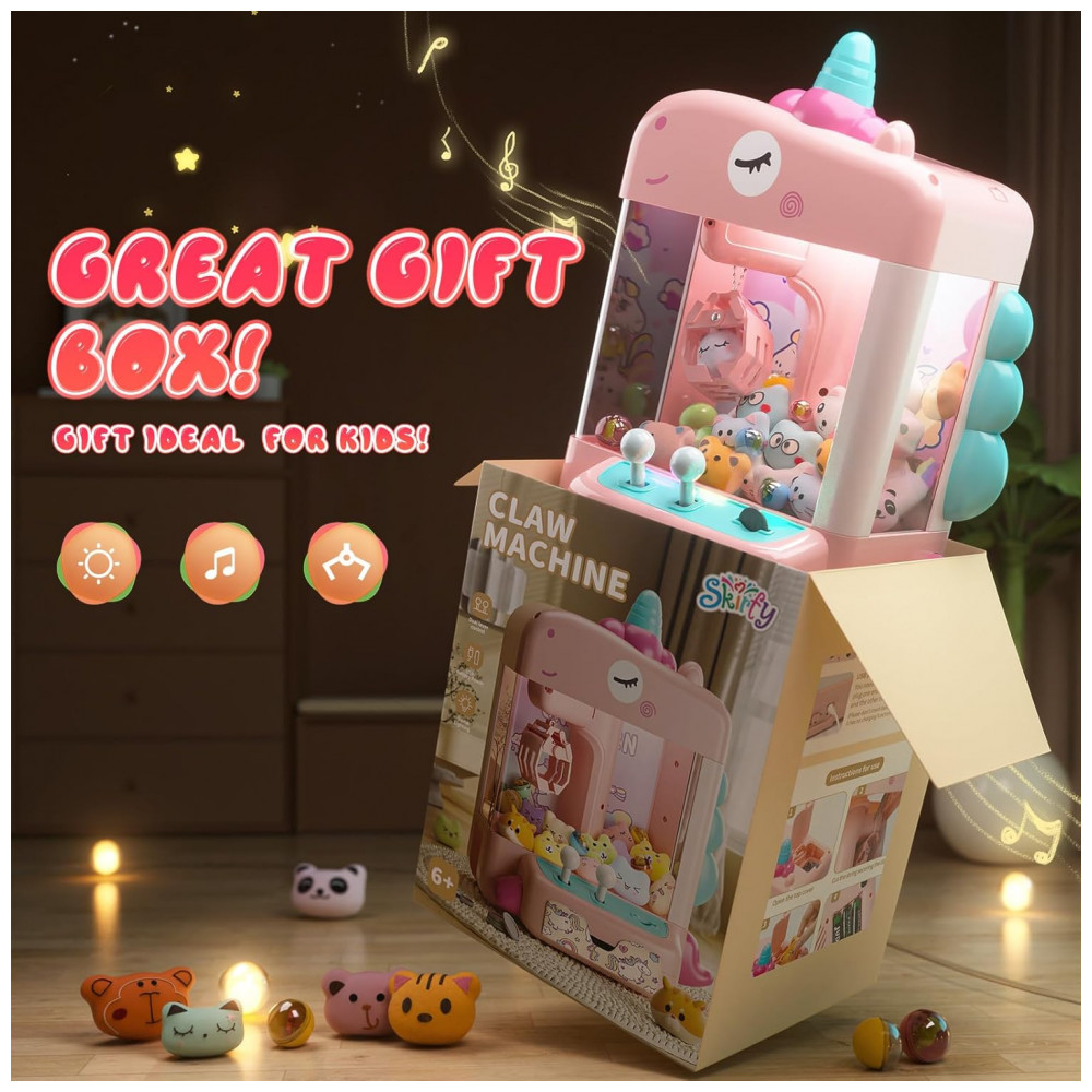 ECTQNZBXGFSD0B_3-1.jpg - Máquina de Garra Unicórnios Skirfy Rosa e Lilás – Mini Arcade Infantil com 5 Unicórnios 10 Acessórios “Donut” 10 Brinquedos Cápsula e 20 Moedas