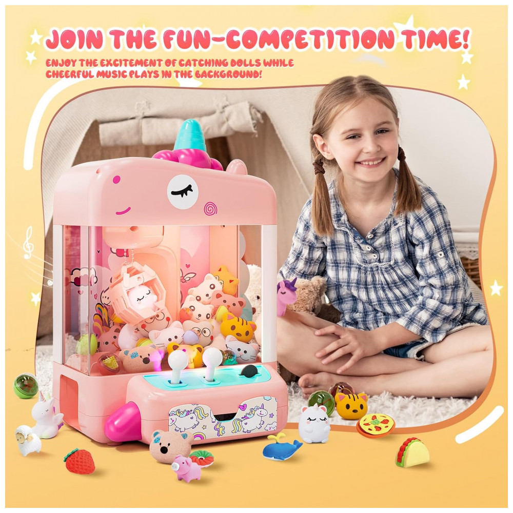 ECTQNZBXGFSD0B_6-1.jpg - Máquina de Garra Unicórnios Skirfy Rosa e Lilás – Mini Arcade Infantil com 5 Unicórnios 10 Acessórios “Donut” 10 Brinquedos Cápsula e 20 Moedas