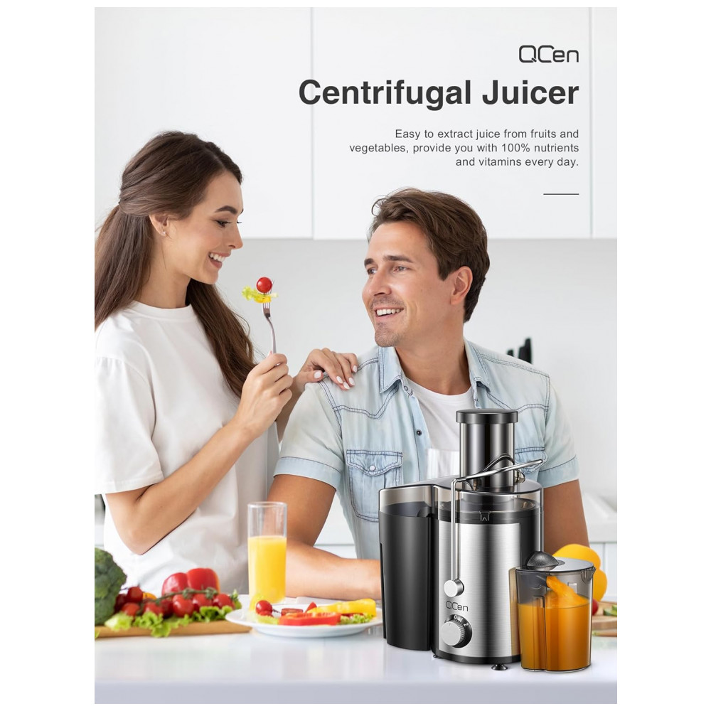 Extrator de Sucos Qcen, 800W Centrífugo com Boca Larga para Frutas e Vegetais, Fácil de Limpar, Aço Inoxidável, Livre de BPA Preto 800W - Imagem 7