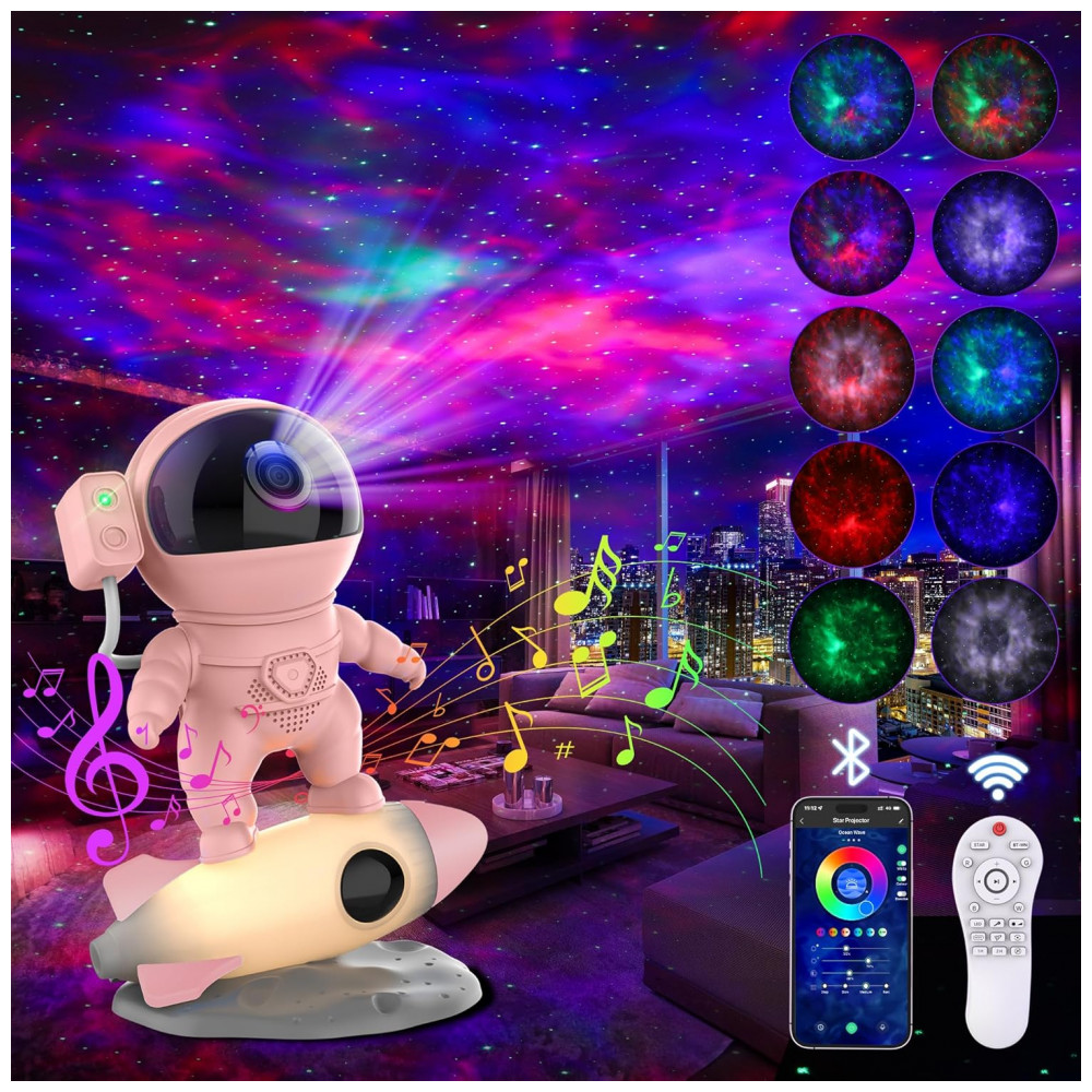 ECTQPBQRPGYC0B_0-1.jpg - Projetor de Galáxia Astronauta para Quarto, Luz de Estrela com Controle Remoto via App, Sons Brancos, Alto-falante Bluetooth, Luz Noturna de Foguete p