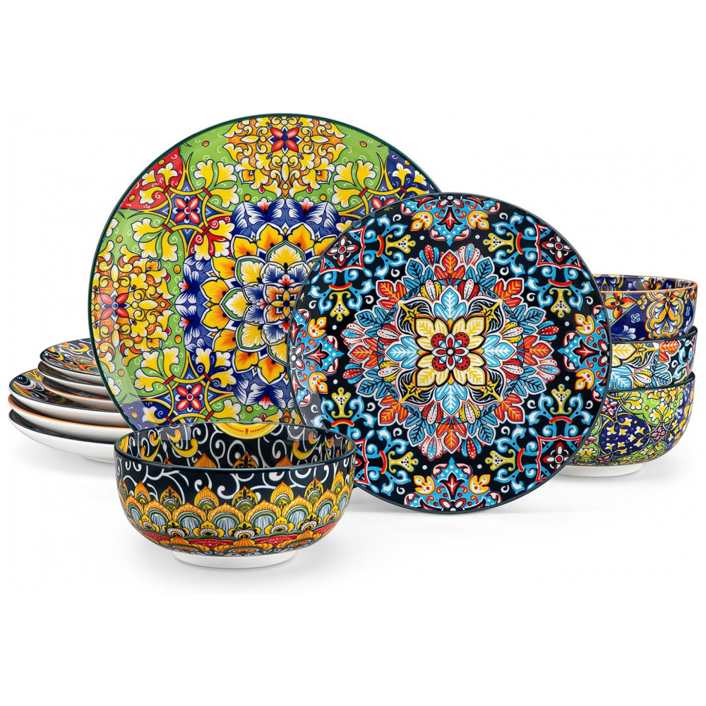 Conjunto de Louças Vancasso 12 Peças, Pratos e Tigelas, Porcelana para 4 Pessoas, Resistente a Micro-ondas e Lava-louças, Estilo Boêmio, Serviço de Ja