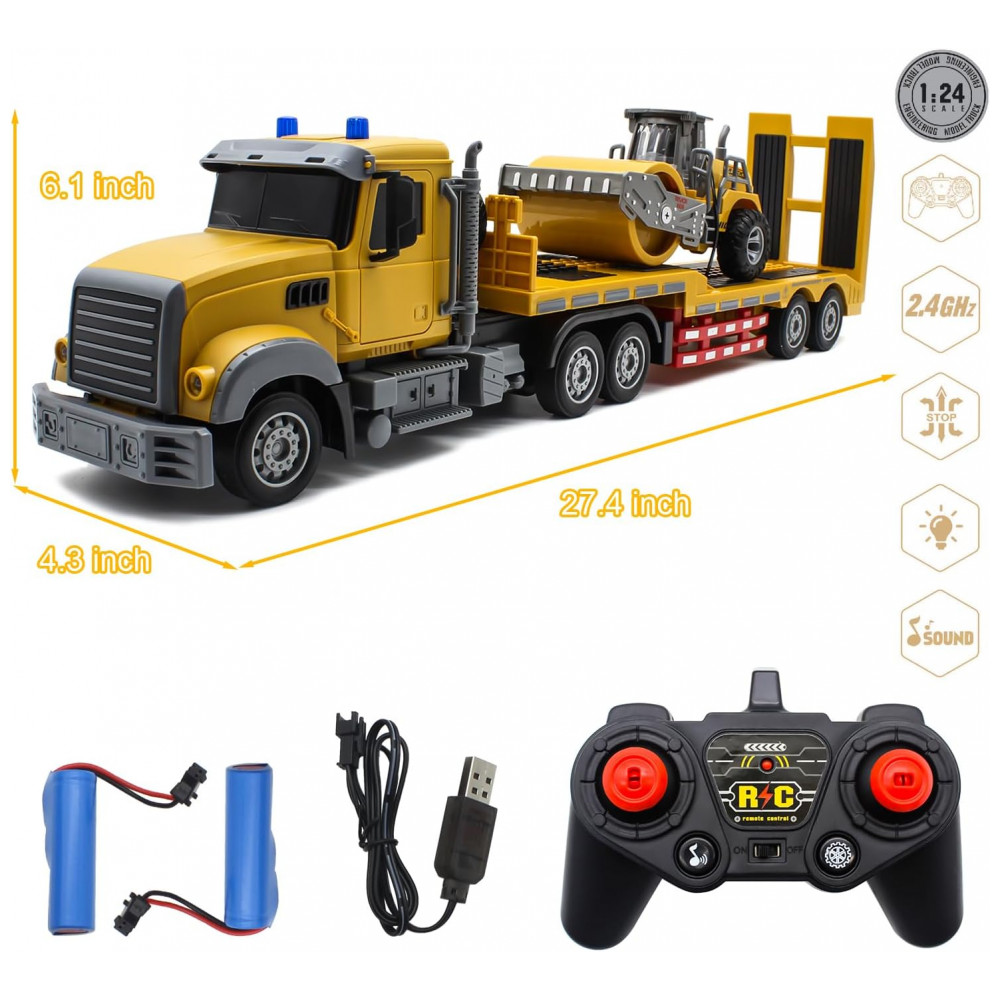 ECTQPF2QKW5C0B_6-1.jpg - Caminhão RC Fistone com Reboque, Trator de Engenharia 1:24 RC com Som e Luzes, Caminhão Plataforma de Controle Remoto 2.4Ghz com Rolo Compactador,