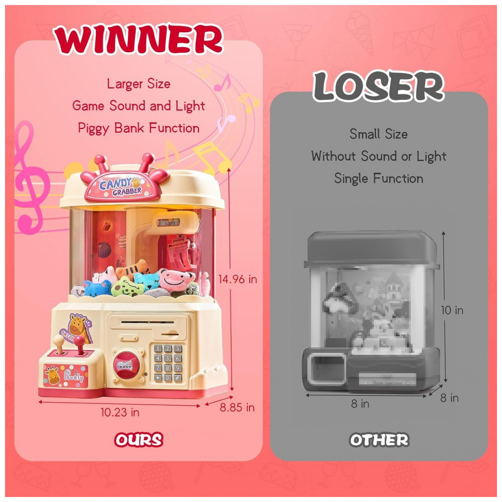 ECTQPFW8LK9D0B_2-1.jpg - Máquina de Garra Infantil 2 em 1 Golckuod Rosa Grande com Luz e Som Cofrinho e Distribuidor de Prêmios para Crianças de 3 a 14 Anos