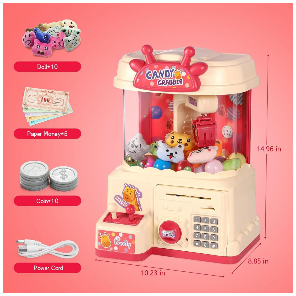 ECTQPFW8LK9D0B_5-1.jpg - Máquina de Garra Infantil 2 em 1 Golckuod Rosa Grande com Luz e Som Cofrinho e Distribuidor de Prêmios para Crianças de 3 a 14 Anos