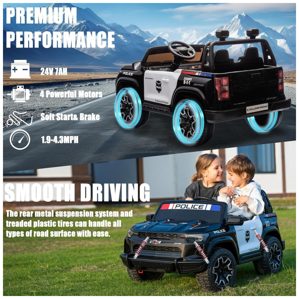 ECTQPK54H4PD0B_2-1.jpg - Carro de Polícia Elétrico Infantil Chevrolet Colorado Licenciado 24V 2 Lugares 4WD Controle Remoto Música Alarme Megafone Preto