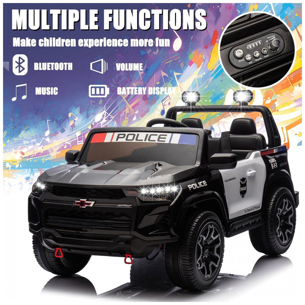 ECTQPK54H4PD0B_4-1.jpg - Carro de Polícia Elétrico Infantil Chevrolet Colorado Licenciado 24V 2 Lugares 4WD Controle Remoto Música Alarme Megafone Preto