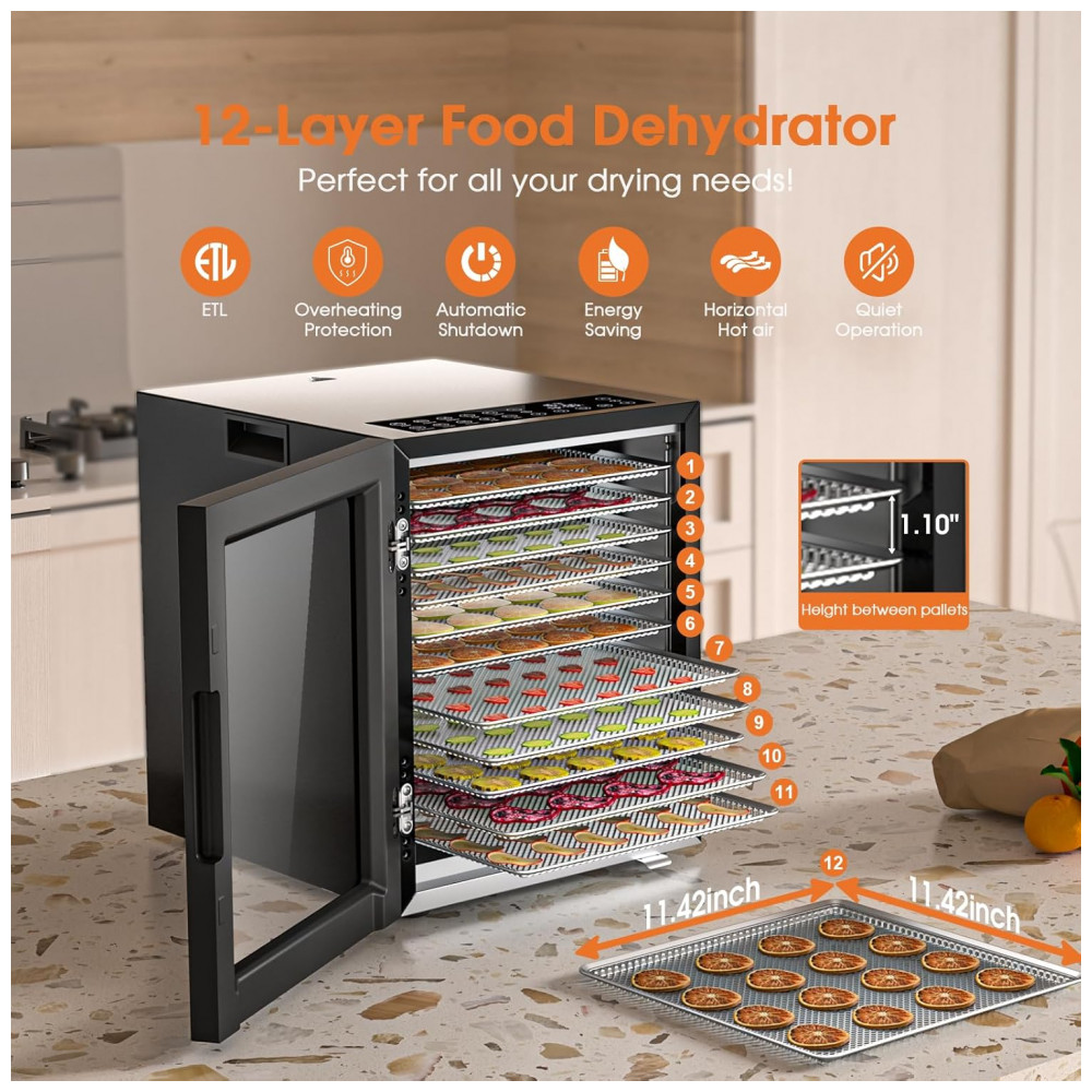 ECTQPN2FQMNF0B_1-1.jpg - Desidratador de Alimentos PSIIDAN 850W com 12 Bandejas em Aço Inoxidável, Timer Digital 48h e Controle de Temperatura