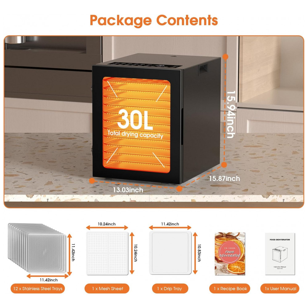 ECTQPN2FQMNF0B_5-1.jpg - Desidratador de Alimentos PSIIDAN 850W com 12 Bandejas em Aço Inoxidável Timer Digital 48h e Controle de Temperatura