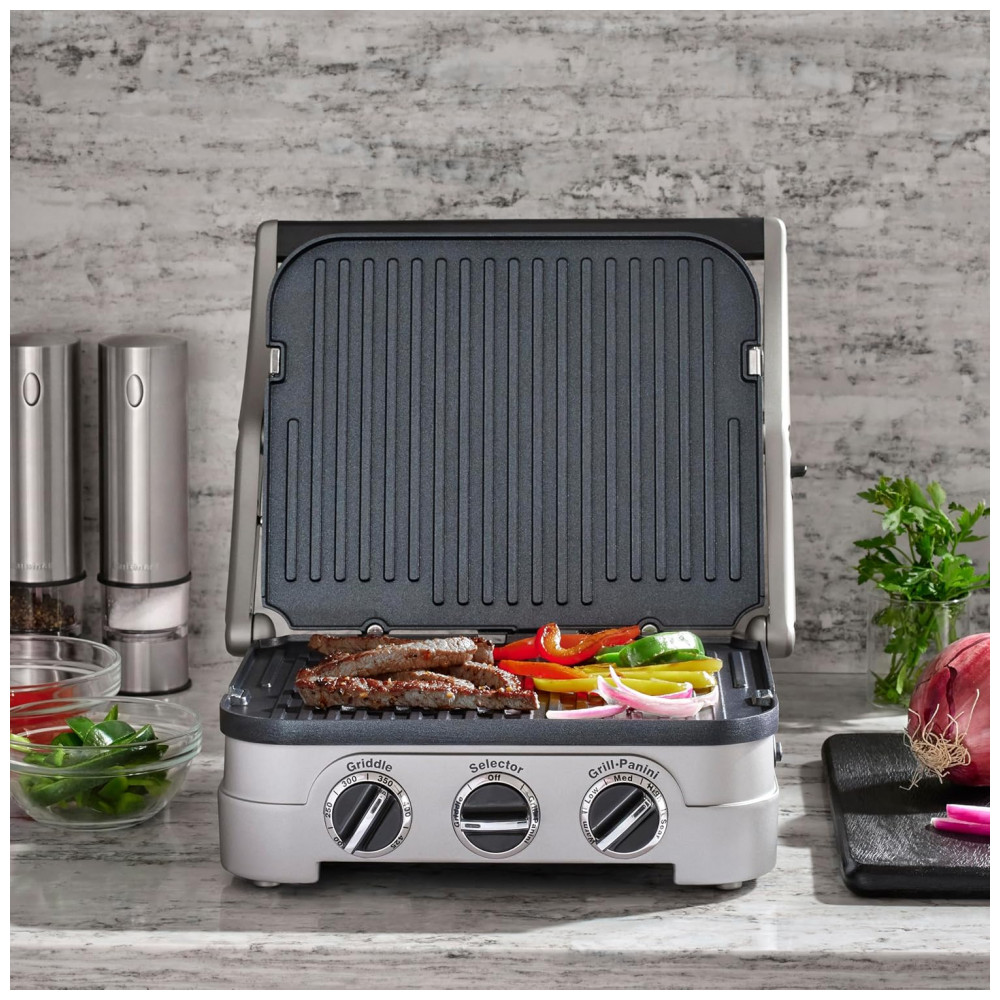 ECTQPNTHRTFF0B_1-1.jpg - Cuisinart Griddler Indoor Grill, Panini Press, Sandwich Maker e Mais, Churrasqueira 5 em 1, Placas Antiaderentes Laváveis na Lava-Louças, GR4NNAS,