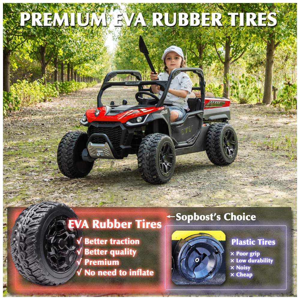 ECTQPPBNXSJD0B_1-1.jpg - UTV Infantil Elétrico Sopbost Vermelho 24V 2 Lugares 4 Motores 75W Caçamba Grande Automática 4WD Pneus EVA Controle Bluetooth 10Ah