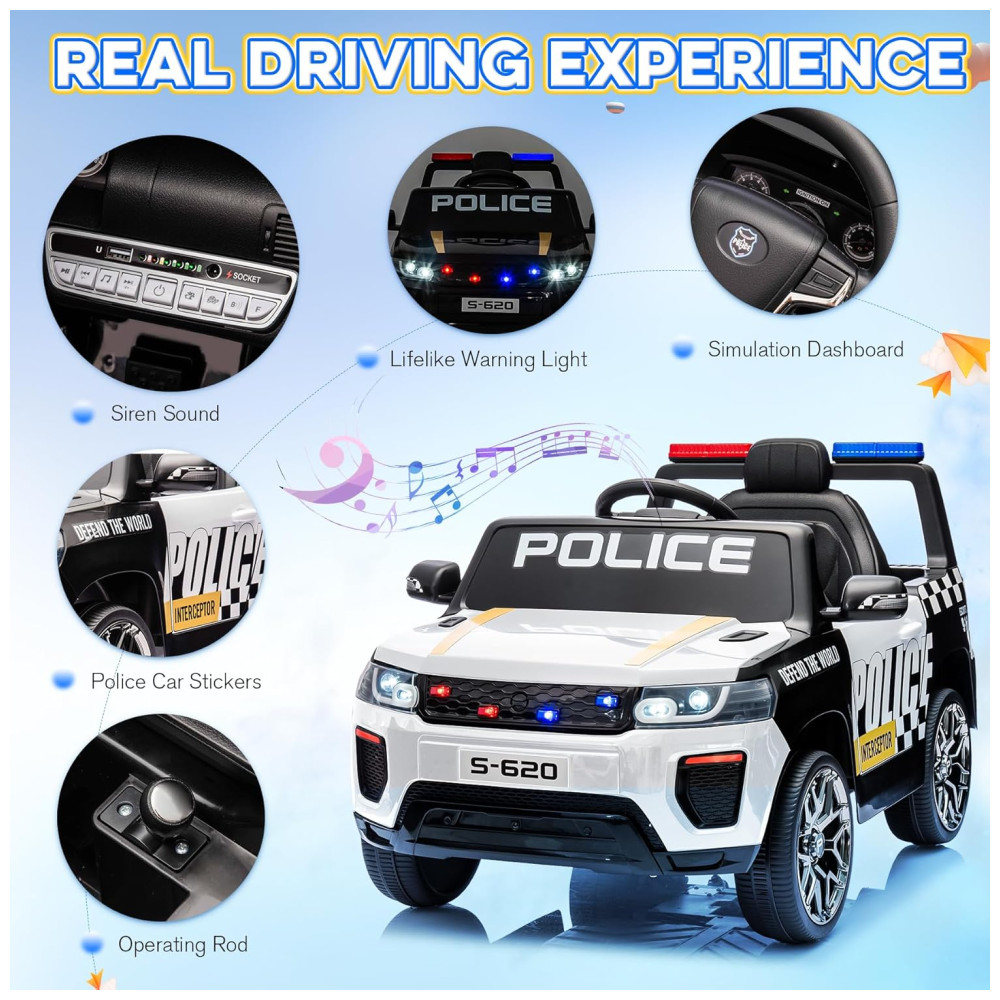Carro Elétrico Infantil de Polícia com Controle Remoto, Música, Buzina, Sirenes e Luzes LED, 12V, HOMMOW, Branco - Imagem 3