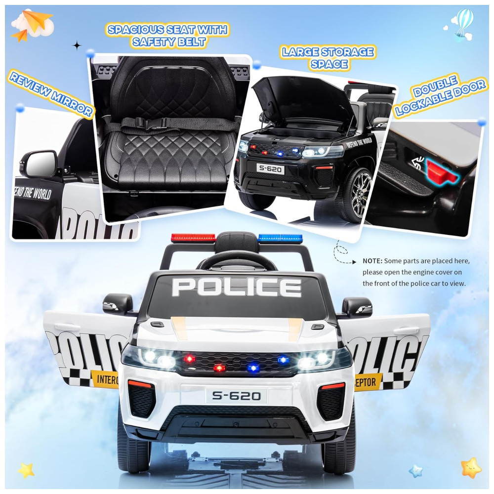Carro Elétrico Infantil de Polícia com Controle Remoto, Música, Buzina, Sirenes e Luzes LED, 12V, HOMMOW, Branco - Imagem 4