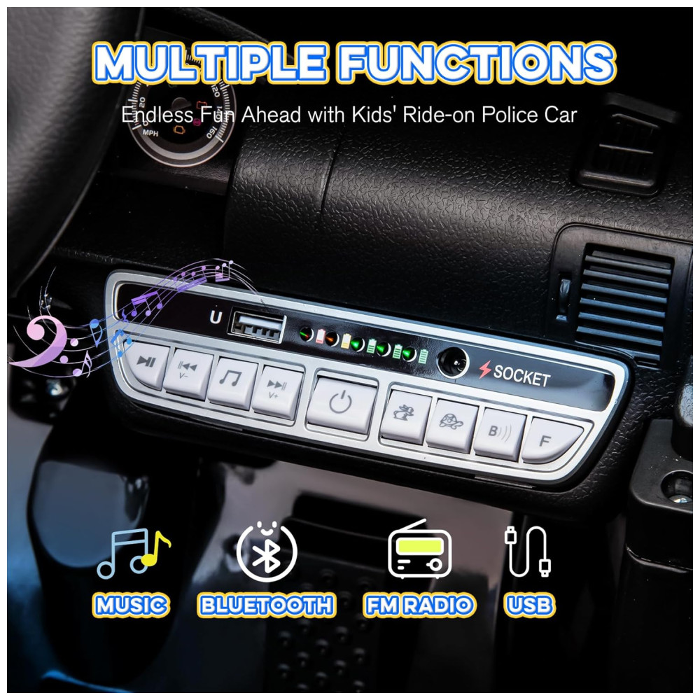 Carro Elétrico Infantil de Polícia com Controle Remoto, Música, Buzina, Sirenes e Luzes LED, 12V, HOMMOW, Branco - Imagem 5