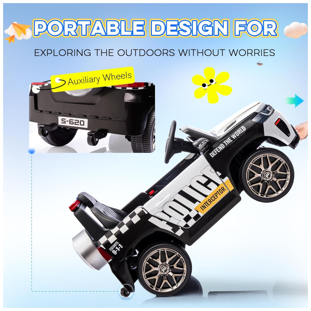 Carro Elétrico Infantil de Polícia com Controle Remoto, Música, Buzina, Sirenes e Luzes LED, 12V, HOMMOW, Branco - Imagem 6