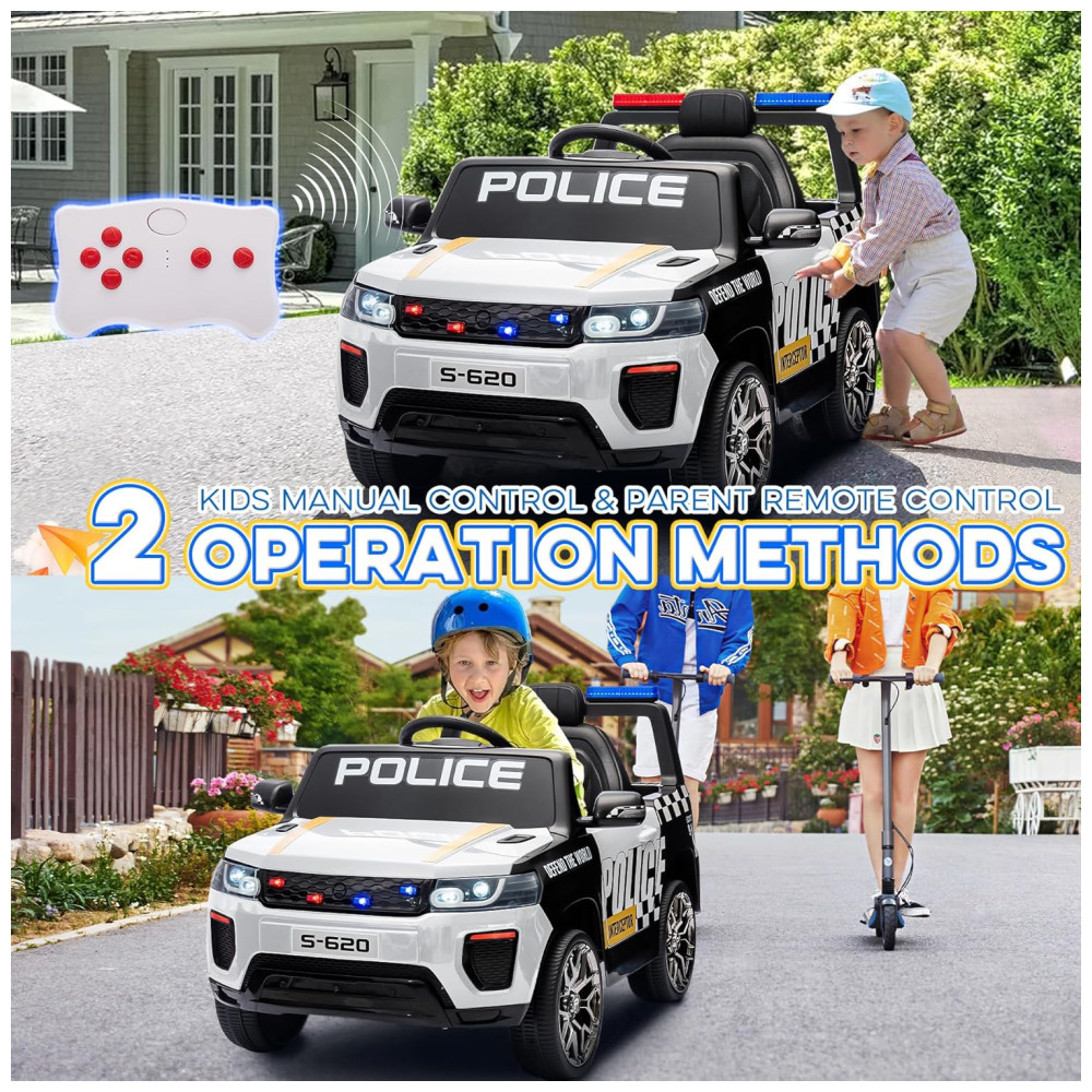 Carro Elétrico Infantil de Polícia com Controle Remoto, Música, Buzina, Sirenes e Luzes LED, 12V, HOMMOW, Branco - Imagem 7