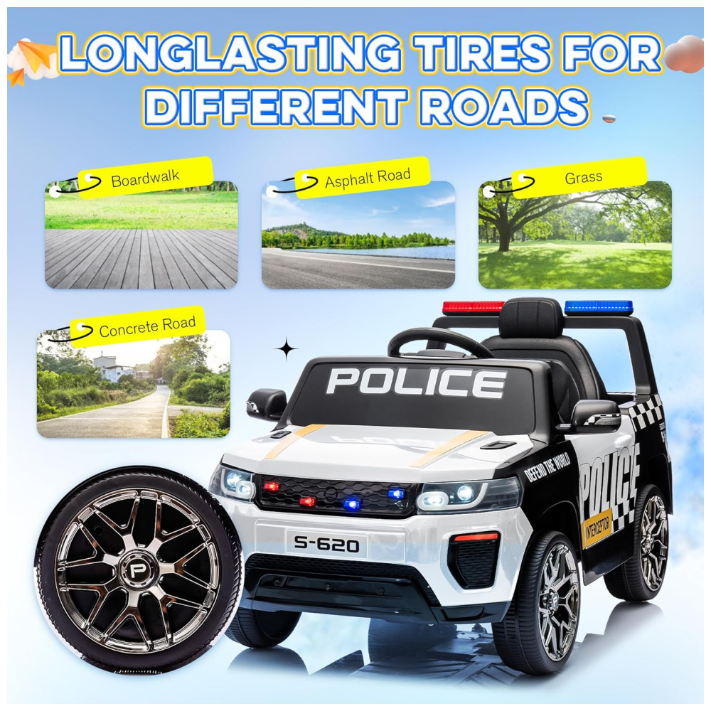 Carro Elétrico Infantil de Polícia com Controle Remoto, Música, Buzina, Sirenes e Luzes LED, 12V, HOMMOW, Branco - Imagem 8