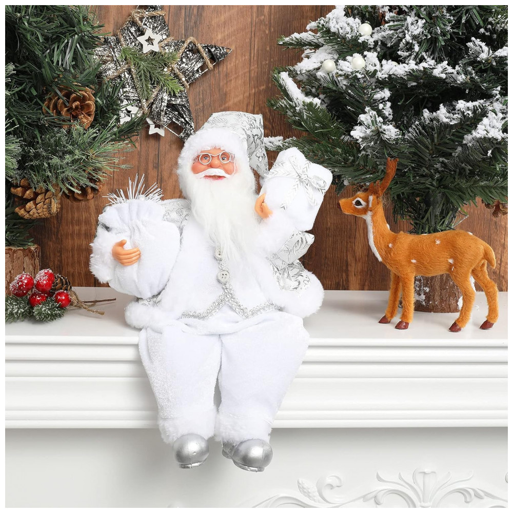 Enfeite de Natal AnyDesign: Papai Noel Sentado Artesanal com Casaco Branco e Prata, Bolsa de Presente e Presentes, Decoração Natalina para Casa,