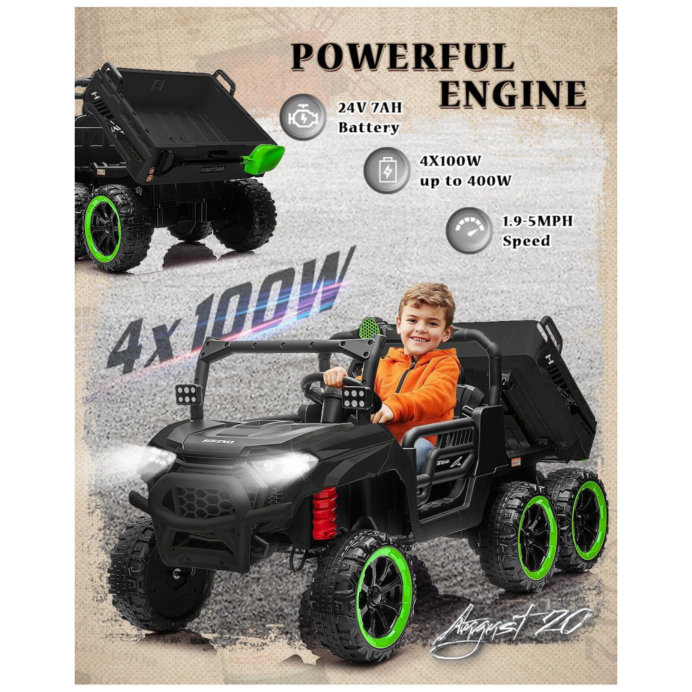 ECTQQH781CWF0B_1-1.jpg - Caminhão Basculante Infantil Letsgoride Preto e Verde 24V 2 Lugares 4 Motores 100W Caçamba Automática 4WD Bluetooth Música LED 6 Rodas