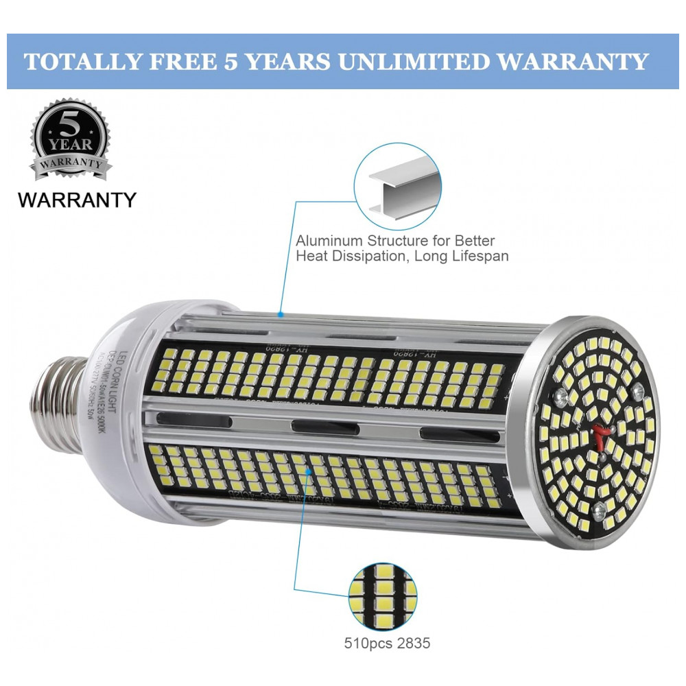 ECTQQHBF8J1B0B_1-1.jpg - 2 Lâmpadas LED Corn 50W, Equivalente 600W, 7000 lúmens, 5000K Luz Branca Dia, Base Média E26/E27, Não Dimerizável, para Iluminação Residencial, QiGe﻿