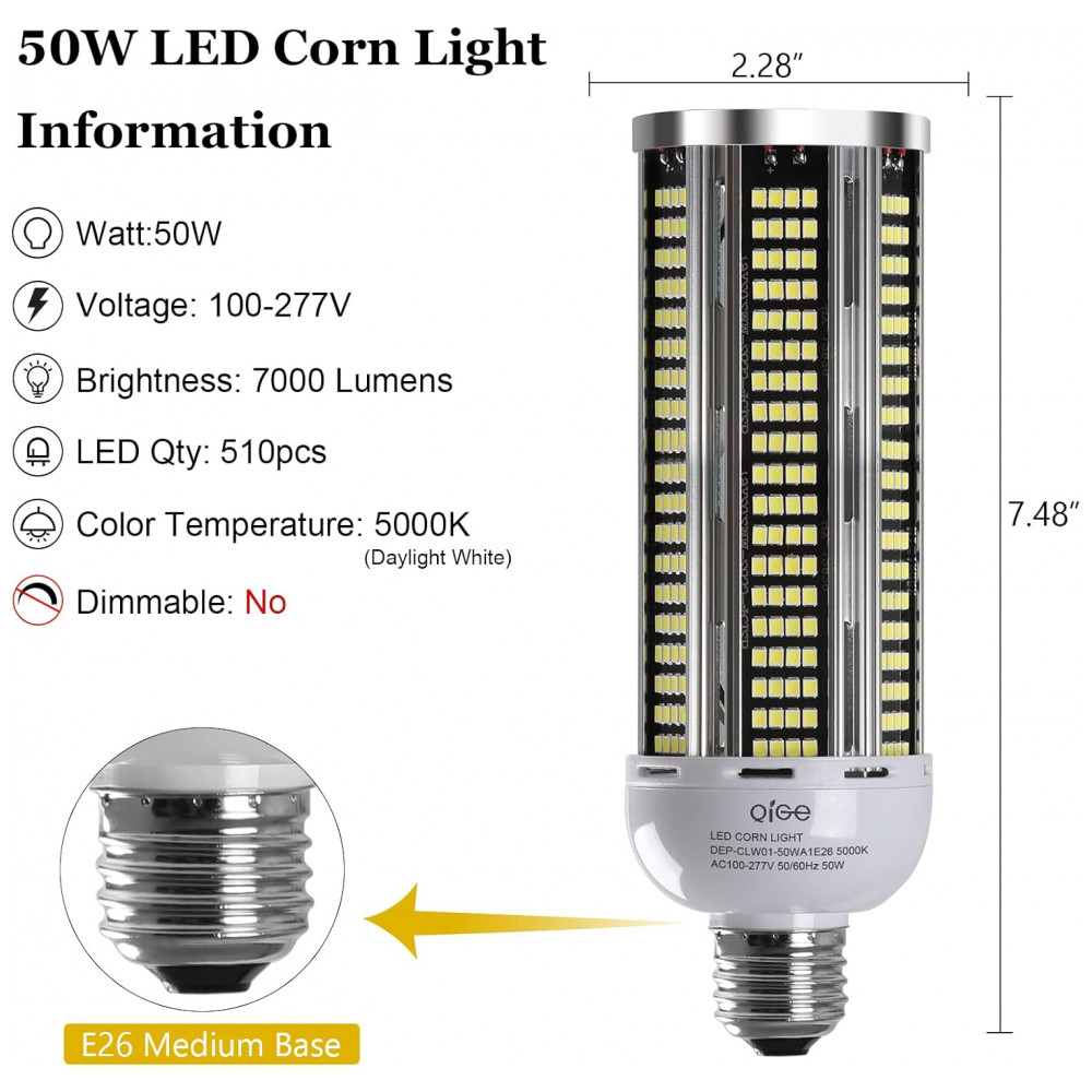 ECTQQHBF8J1B0B_3-1.jpg - 2 Lâmpadas LED Corn 50W, Equivalente 600W, 7000 lúmens, 5000K Luz Branca Dia, Base Média E26/E27, Não Dimerizável, para Iluminação Residencial, QiGe