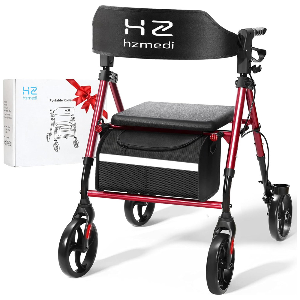 Andador com Assento para Idosos, Dobrável em Alumínio, Rodas de 20cm Ajustáveis, Ideal para Adultos em Mobilidade,HZ HZMEDI