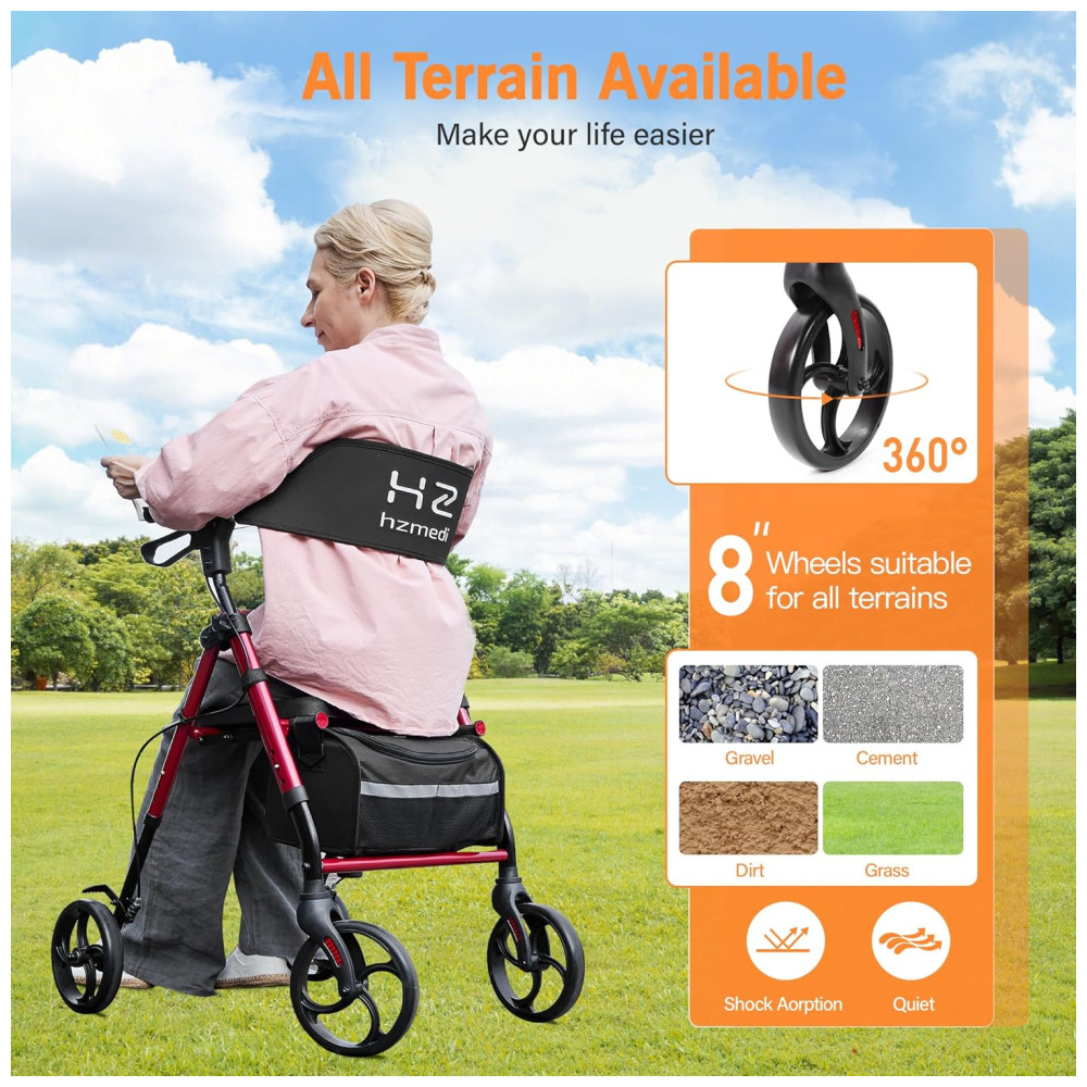 Andador com Assento para Idosos, Dobrável em Alumínio, Rodas de 20cm Ajustáveis, Ideal para Adultos em Mobilidade,HZ HZMEDI - Imagem 3