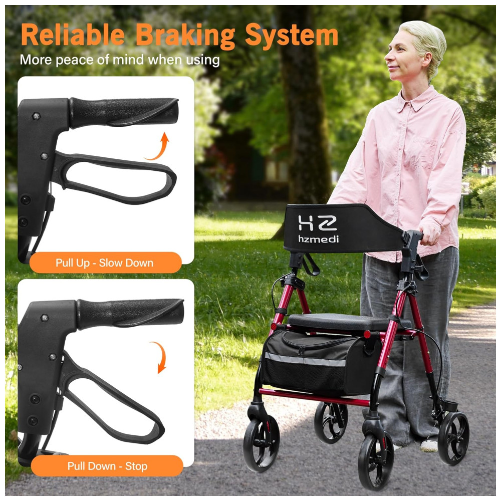 Andador com Assento para Idosos, Dobrável em Alumínio, Rodas de 20cm Ajustáveis, Ideal para Adultos em Mobilidade,HZ HZMEDI - Imagem 4