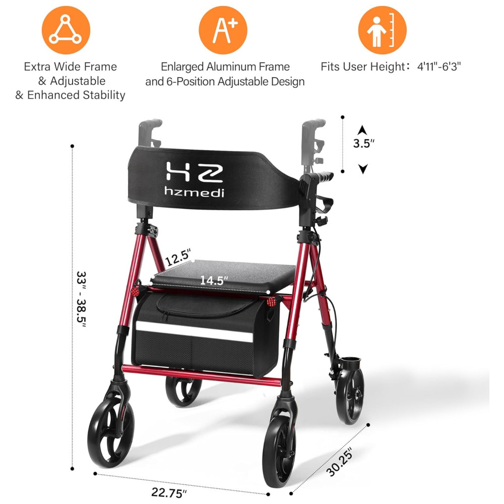 Andador com Assento para Idosos, Dobrável em Alumínio, Rodas de 20cm Ajustáveis, Ideal para Adultos em Mobilidade,HZ HZMEDI - Imagem 6